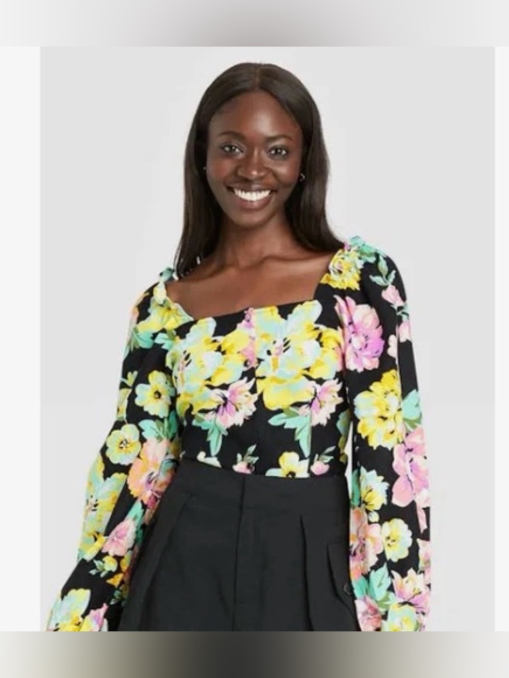 Who What Wear Floral Smocked Crop Top XS Puff Sleeve Cottagecore Peasant